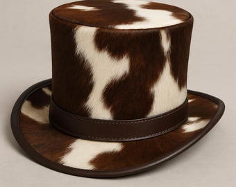 Handmade Hair-On Cowhide Leather Top Hat – Western Steampunk Vintage Style