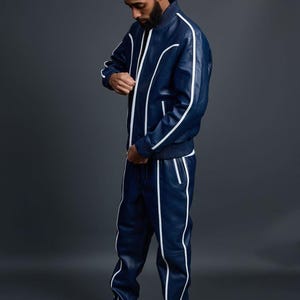 Men's Brayden Leather Track Suit [Navy/White] Sweatsuit Genuine lambskin leather NAVY BLUE