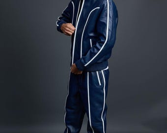 Men's Brayden Leather Track Suit [Navy/White] Sweatsuit Genuine lambskin leather
