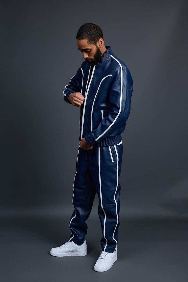 Men's Brayden Leather Track Suit [Navy/White] Sweatsuit Genuine lambskin leather NAVY BLUE
