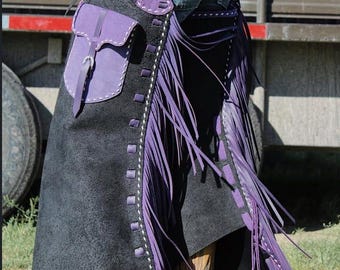 Black Suede Leather Chaps with Purple Fringe – Western Rodeo Riding Gear