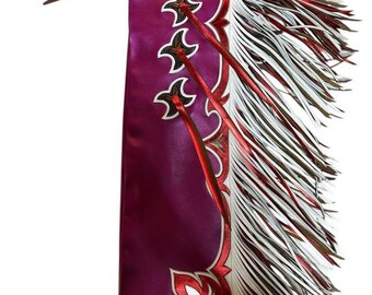 Hand-Tooled Pink Leather Rodeo Chaps with Red & White Fringe – Western Cowgirl Style