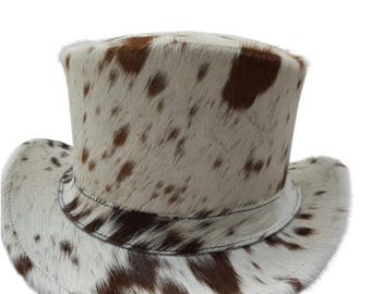 Handmade Hair-On Cowhide Leather Top Hat – Western Steampunk Style