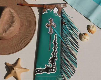 Handcrafted Teal Leather Chaps – Western Rodeo Cowboy Chinks with Fringe & Cross Detail