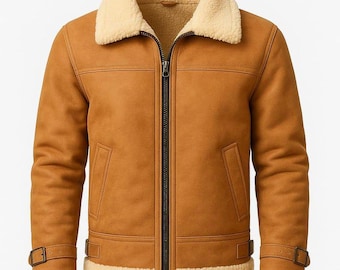 Handmade Men’s Shearling Leather Jacket | Winter Aviator Coat | Classic Bomber Outerwear with Fleece Collar