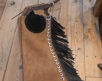 Handmade Suede Leather Chaps with Fringe – Western Rodeo Cowboy Gear |Cowhide Riding Chinks