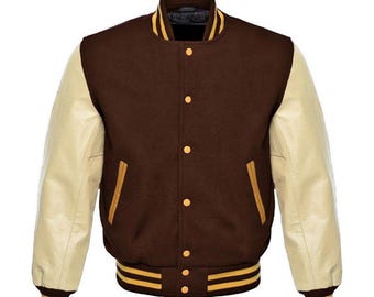 Wool Varsity Jacket | Brown & Cream, Cowhide Leather Sleeves