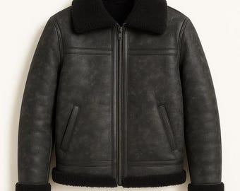 Men’s Black Shearling Leather Jacket – Real Sheepskin Winter Aviator Coat with Fur Collar & Cuffs