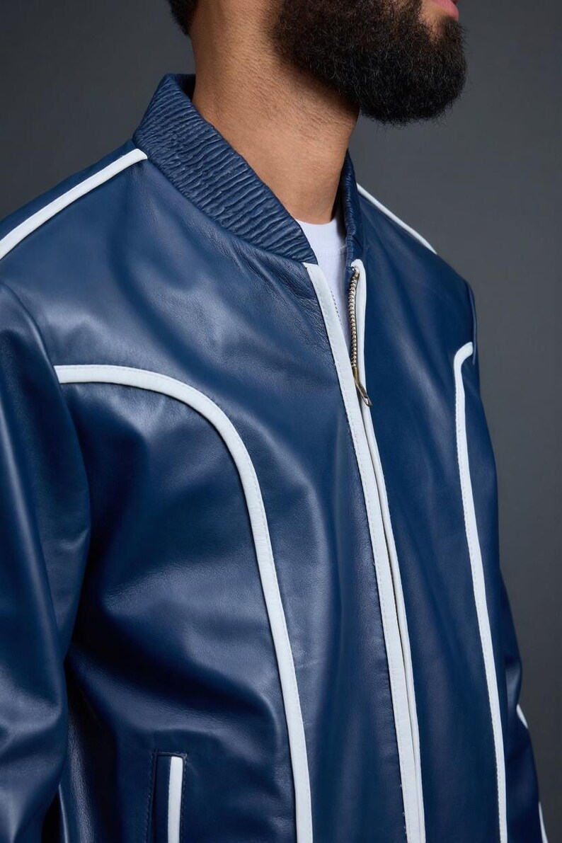 Men's Brayden Leather Track Suit [Navy/White] Sweatsuit Genuine lambskin leather image 5