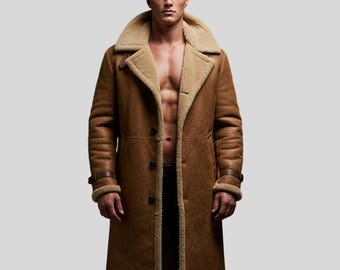Men’s Brown Shearling Long Coat – Genuine Sheepskin Leather Luxury Winter Overcoat