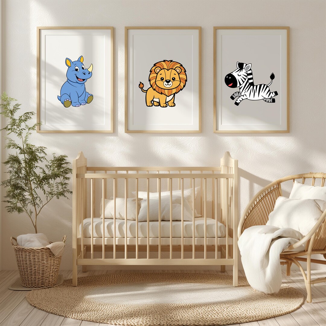 Baby Room Posters - Animals, Set of 3 | Safari Wall Art for Kids' Room