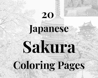 Desenhos para colorir de sakura do Japão – 20 folhas imprimíveis com desenhos de flores de cerejeira – Livro de colorir para adultos em PDF – Arte de viagem ao Japão