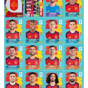 Könnte beinhalten: Eine Sammlung von Panini FIFA World Cup 2026 Sammelkarten der spanischen Fußballnationalmannschaft. Das Set enthält ein holografisches Team-Wappen und individuelle Porträtkarten von Spielern wie Unai Simón, Lamine Yamal und Ferran Torres, alles vor einem hellen türkisfarbenen Hintergrund mit roten grafischen Akzenten.