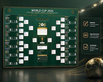 World Cup 2026 Printable Calendar Bracket, Calendar World Cup Soccer Match Fixtures, Football Results Tracker, A0 Wall Chart SVG PDF