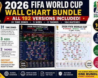 World Cup 2026 Schedule Printable PDF Bundle, FIFA 2026 Wall Chart, Soccer Match Tracker, Football Calendar, 192 Versions