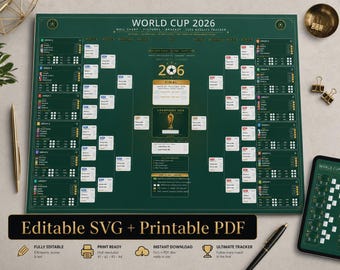 World Cup 2026 Football Calendar Wall Chart, Calendar World Cup Printable Soccer Bracket Poster, Match Schedule Tracker SVG PDF