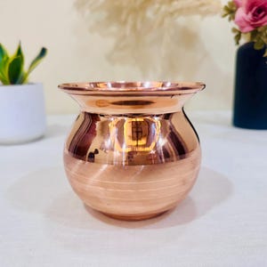 May include: A copper-colored, round pot with a wide, flared rim. The pot has a smooth, polished surface that reflects light, and horizontal lines encircle the lower portion. The pot sits on a white surface, with plants and a vase in the background.