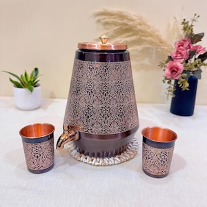 Dispensador de agua de cobre puro con grabado antiguo / Recipiente para agua ayurvédica de 5L y 8L