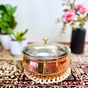Handmade Hammered Copper Steel Pot Glass Lid Serving Set Cookware