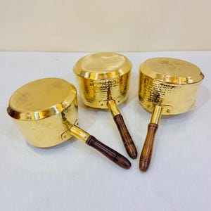 Brass Sauce Pan With Hammering Design With Brass Handle & Wooden Handle (Inside Tin Coating)