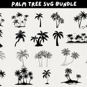 Può includere: Una collezione di disegni di palme in bianco e nero. L'immagine include varie illustrazioni di palme, alcune con montagne, isole e altri elementi tropicali. Il testo "PALM TREE SVG BUNDLE" è in alto.