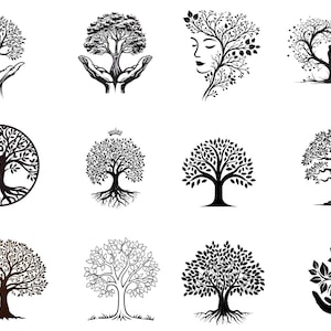Peut inclure: Collection d'illustrations d'arbres en noir et blanc. Les motifs comprennent des arbres tenus dans des mains, un arbre avec un visage, un arbre avec une canopée en forme de cœur et diverses silhouettes d'arbres.