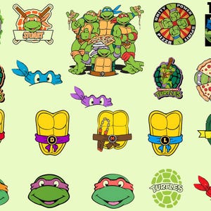 Puede incluir: Una colección de gráficos temáticos de las Tortugas Ninja (TMNT). Incluye imágenes de las tortugas, sus máscaras, caparazones y logotipos relacionados. La paleta de colores presenta verde, amarillo, rojo, azul y morado.