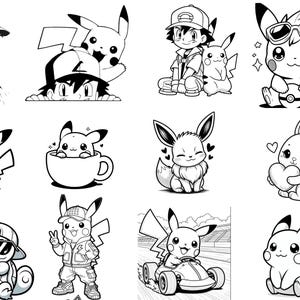 Könnte beinhalten: Schwarz-Weiß-Illustrationen verschiedener Pokémon-Charaktere, darunter Pikachu und Evoli. Die Bilder zeigen die Charaktere in verschiedenen Posen, wie z. B. das Tragen einer Sonnenbrille, das Halten eines Herzens oder das Fahren eines Karts.