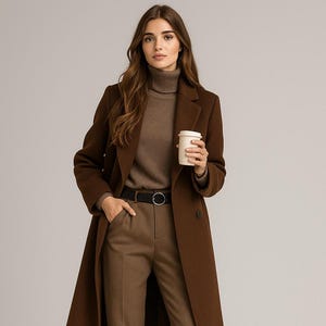 Op de afbeelding: Een vrouw draagt een bruine jas, coltrui en broek. De lange jas en de omgeslagen broek zijn bruin. Ze draagt een zwarte riem en laarzen. Ze houdt een witte papieren koffiebeker vast.