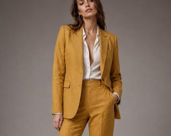 Mustard Yellow Linen Pantsuit, Tailored Single-Button Blazer Set, Elegant Summer Trousers