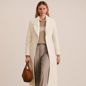 May include: A woman's outfit featuring a long, off-white coat, a tan sweater, and gray trousers. She carries a brown leather handbag and wears beige heels. The coat has a classic lapel design, and the trousers are wide-legged.