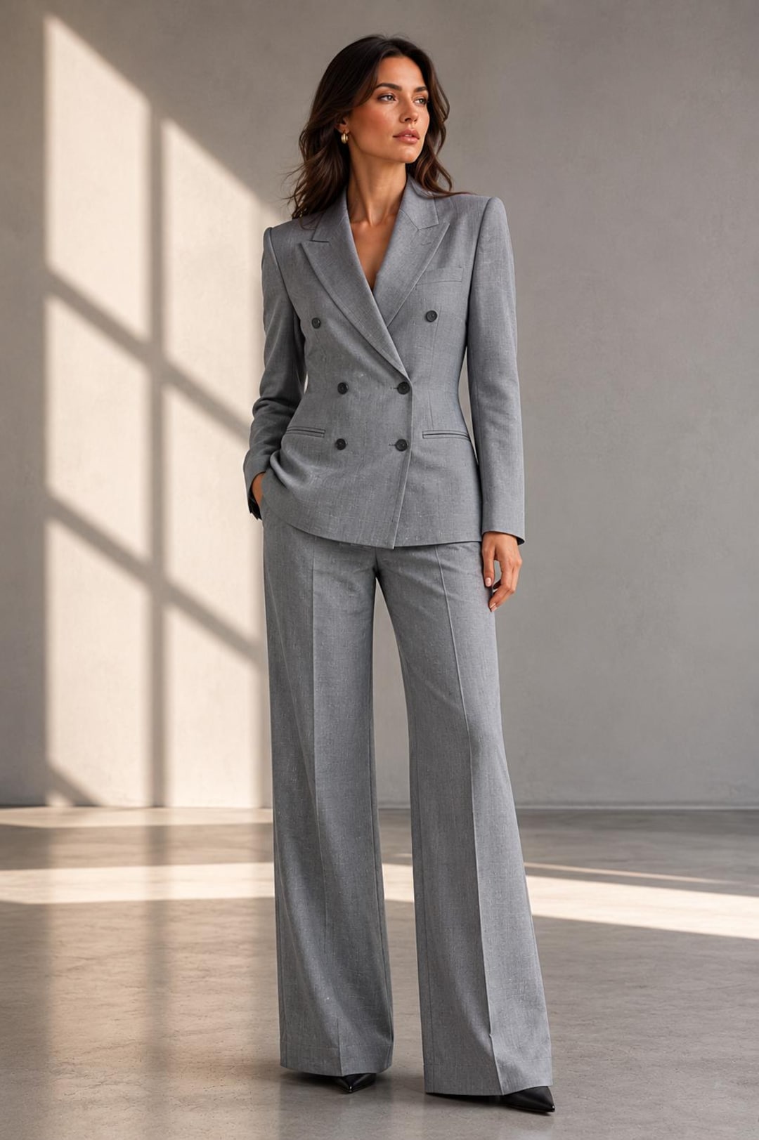Light Grey Linen Women's Double Breasted Suit, Tailored Blazer and