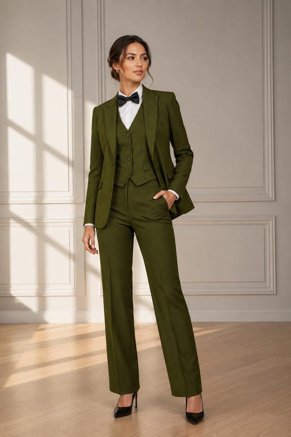 Olive Green Women's Three Piece Suit, Tailored Blazer & Vest Set, Formal Pantsuit for Women