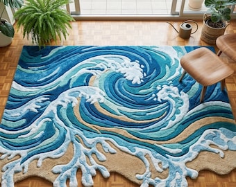 May include: A large, rectangular rug with a wave design in shades of blue, white, and tan. The rug features a detailed depiction of ocean waves with a sandy beach and coral-like accents. The rug is placed on a wooden floor.