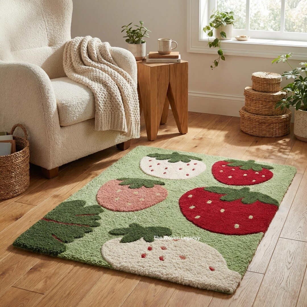 Raspberry Throw Rug Strawberry Pattern Rug | Cute Kids Rug | Fruit Theme Rug | Hand Tufted ...