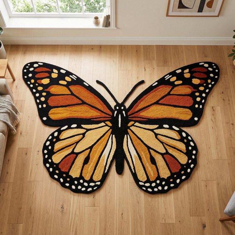 Monarch Butterfly Rug | Irregular Shape Wool Area Rug | Hand-tufted ...