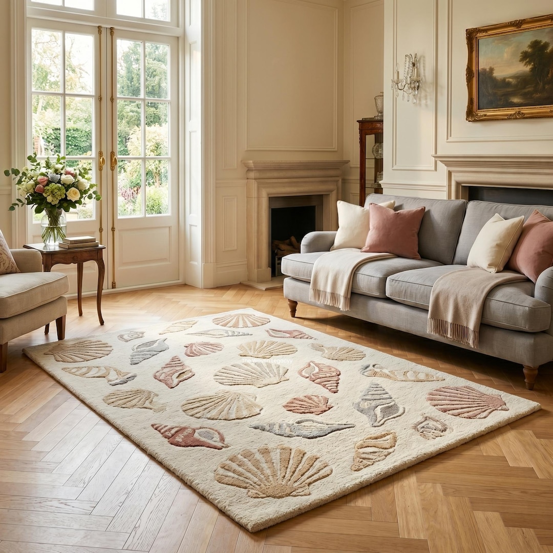 Seashell Area Rug Coastal Seashell Area Rug, Neutral Beach House Rug, Tufted Ocean ...