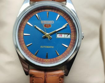 Japan Vintage seiko 5 refurbished blue dial stainless steel made Men's wrist watch