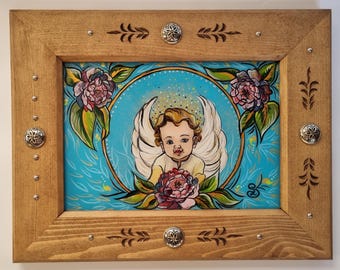 Hand-Painted Glass Guardian Angel, Polish Folk Art, Wood Frame
