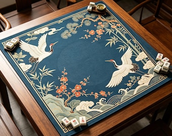 Navy Crane Mahjong Mat, Chinoiserie Plum Blossom Game Table Mat, Non Slip Mahjong Table Cover, Elegant Mahjong Gift