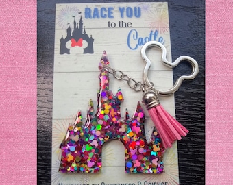 Resin Castle Keychain | Hidden Mickey Confetti, Tassel Bag Charm