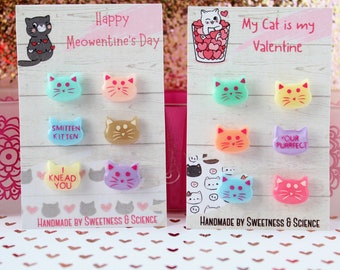 Valentine's Cat Earrings | Valentine's Earrings | Resin Earrings | Heart Earrings | Kawaii Kitty | Stud Earrings | Gift for Cat Lovers |