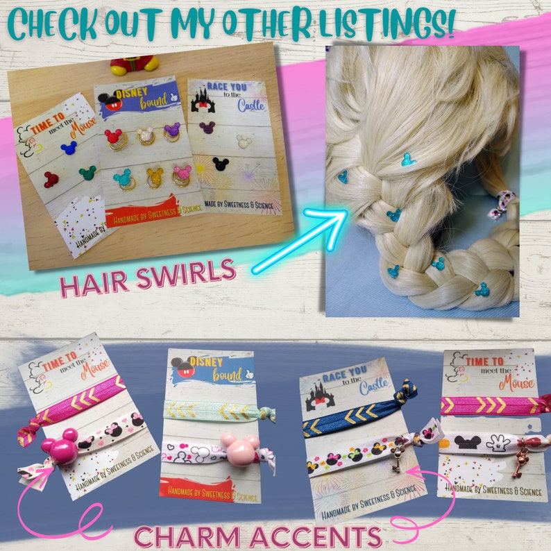 May include: Four sets of hair ties with different Disney-themed patterns. Each set includes three hair ties with a charm accent. The charms are Mickey Mouse ears in different colours. The hair ties are made by Sweetness & Science.