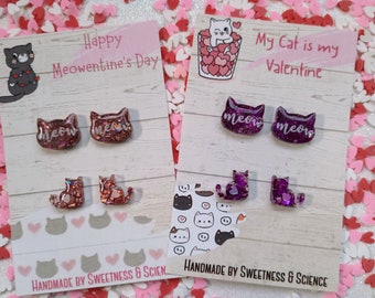 Valentine Cat Stud Earrings | Kawaii Resin Kitty, Cat Lover Gift