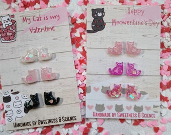 Valentine's Cat Earrings | Valentine's Earrings | Resin Earrings | Heart Earrings | Kawaii Kitty | Stud Earrings | Gift for Cat Lovers |