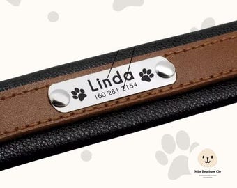 Leather collar with engraved identification tag