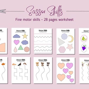 Könnte beinhalten: Ein Satz von 10 weißen Arbeitsblättern mit rosa Akzenten, die für das Üben der Scherenfähigkeiten konzipiert sind. Jede Seite zeigt verschiedene Formen, Linien und Bilder zum Ausschneiden, darunter Blumen, Herzen und Tiere. Der Text "Scissor Skills" wird oben angezeigt.