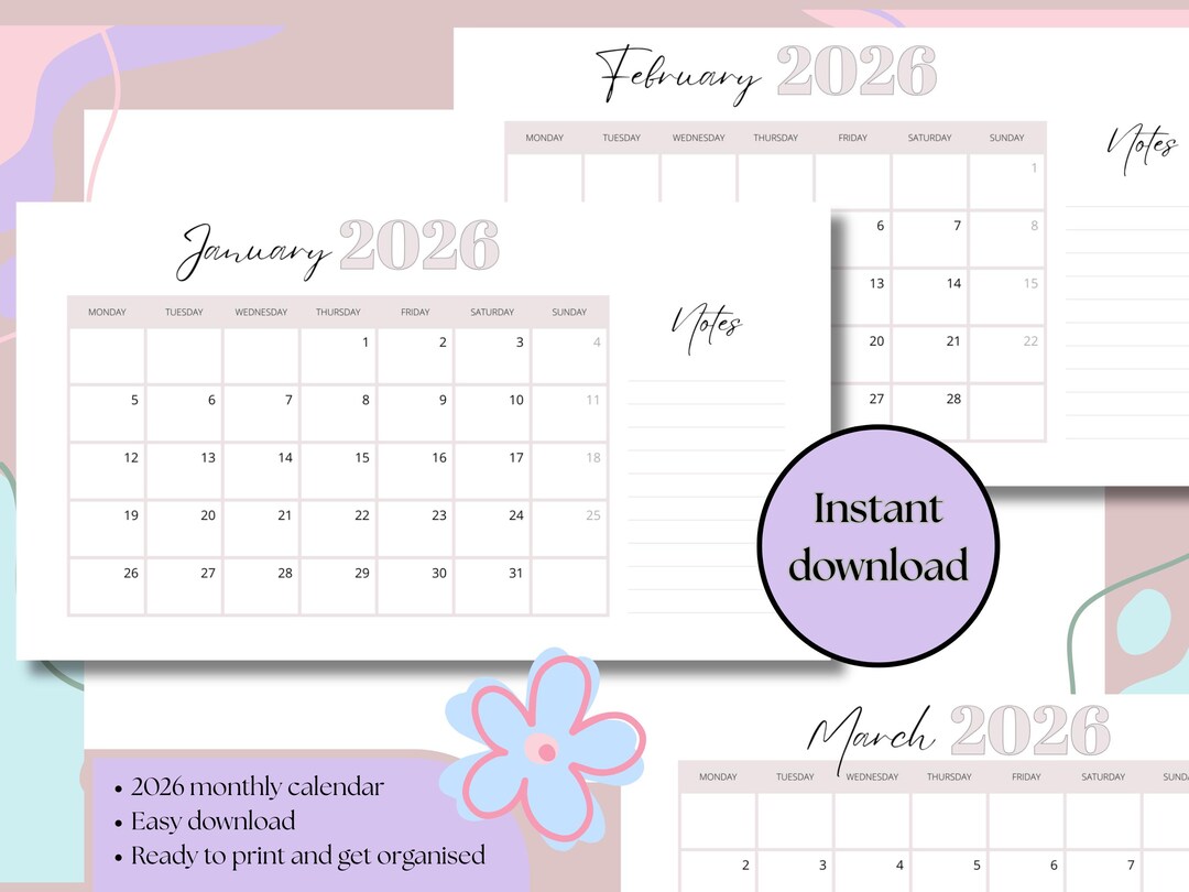 2026 Pale Pink Minimalist Monthly Calendar | Printable Planner - Etsy