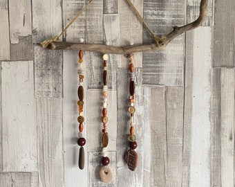 Driftwood Wall Hanging with glass, wood and shell beads - Hag stone, Sea Pottery and Pebble