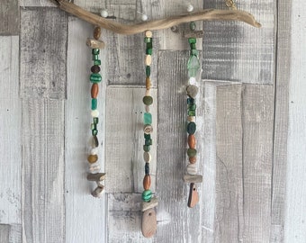 Driftwood Wall Hanging with glass, wood and shell beads - Shell, Sea Pottery and Pebble